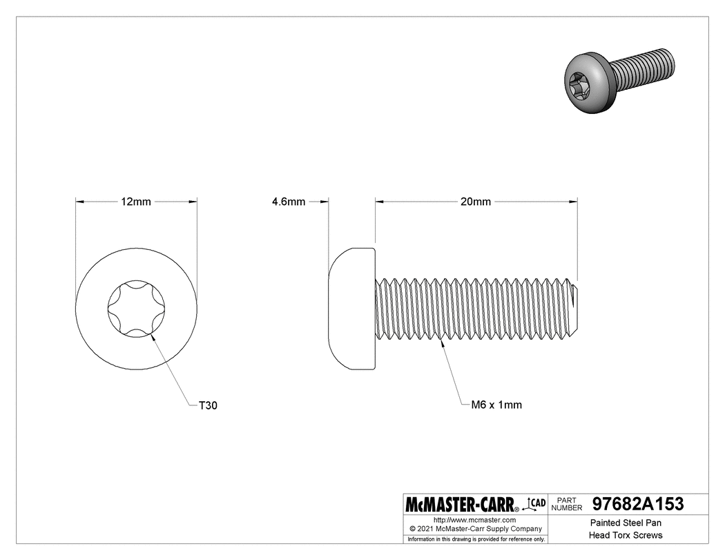 Technical Drawing of Painted Steel Pan Head Torx Screws, with Black Head, M6 Thread, 20 mm Long.